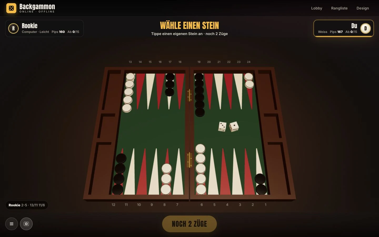Backgammon-Spiel mit dreidimensionalem Brett, hellen und dunklen Spielsteinen und Würfeln.