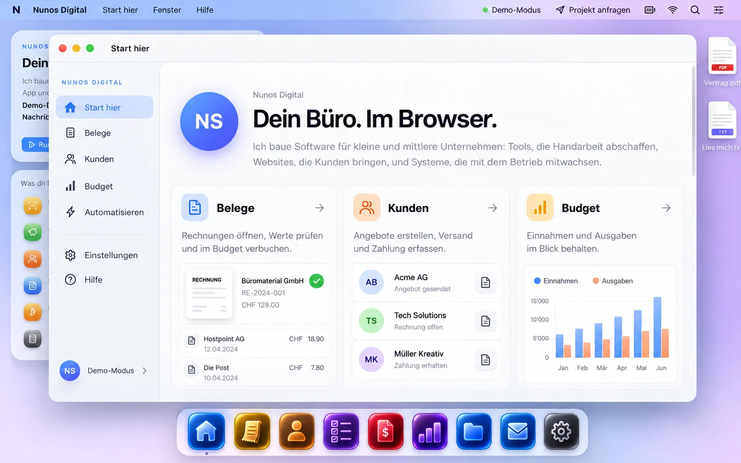 Inszenierte Nunos-Digital-Produktoberfläche mit Desktop, App-Dock und Ansichten für Belege, Kunden und Budget.