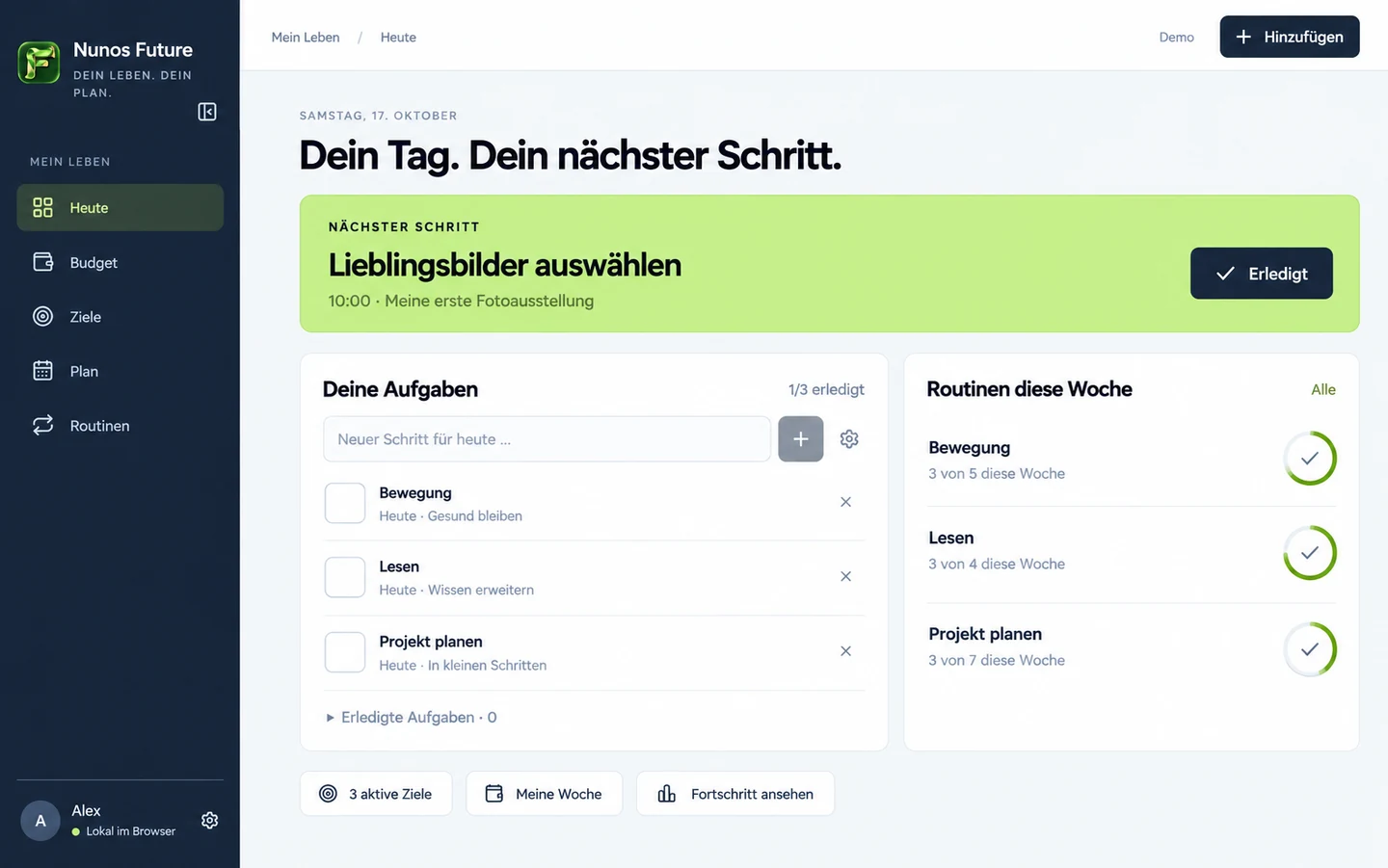 Inszenierte Nunos-Future-Demo mit Tagesaufgaben, nächstem Schritt und Wochenroutinen in Marineblau und Limettengrün.