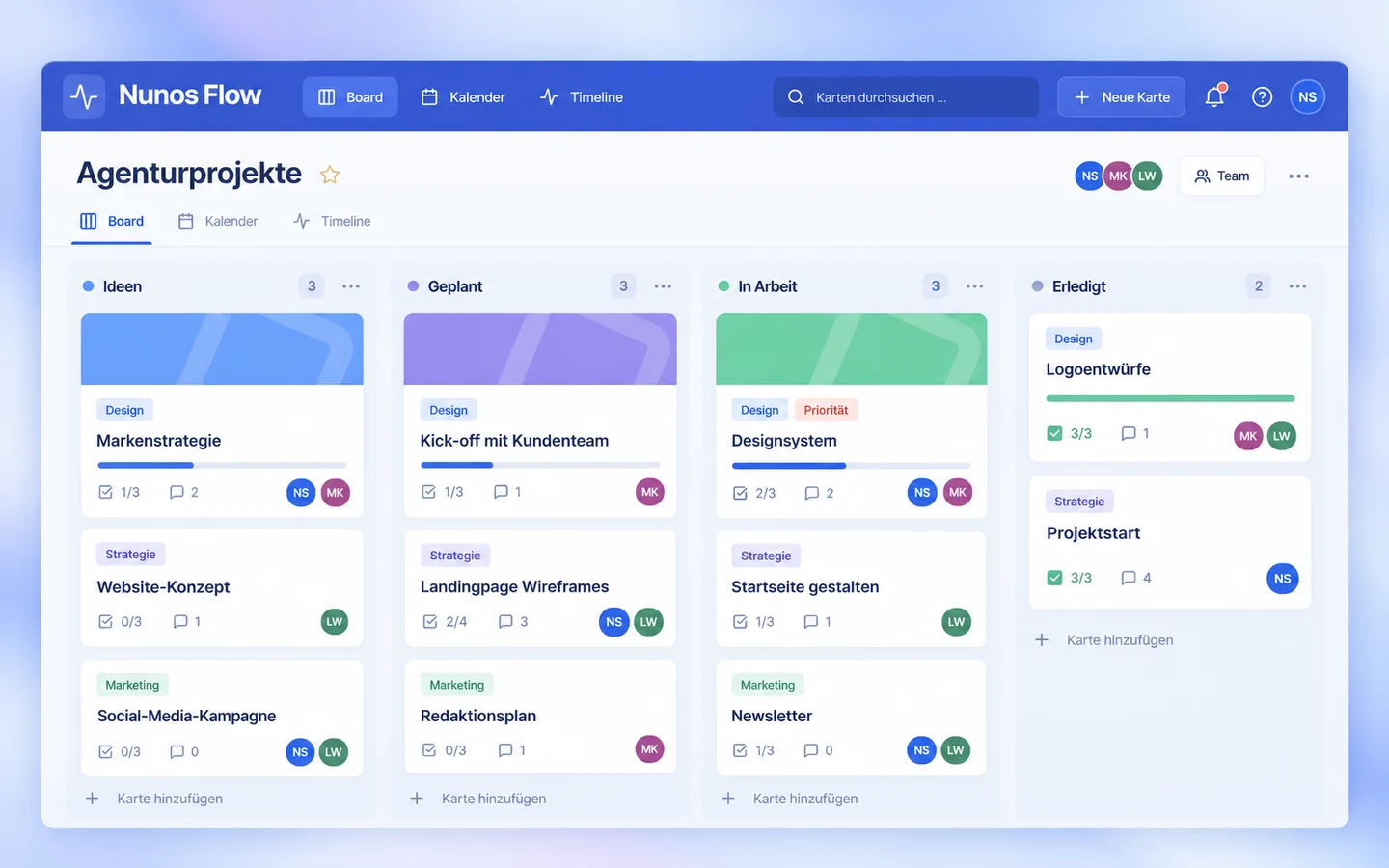 Inszenierte Nunos-Flow-Produktoberfläche mit übersichtlichen Projektkarten, Aufgabenlisten und Team-Zuständigkeiten.