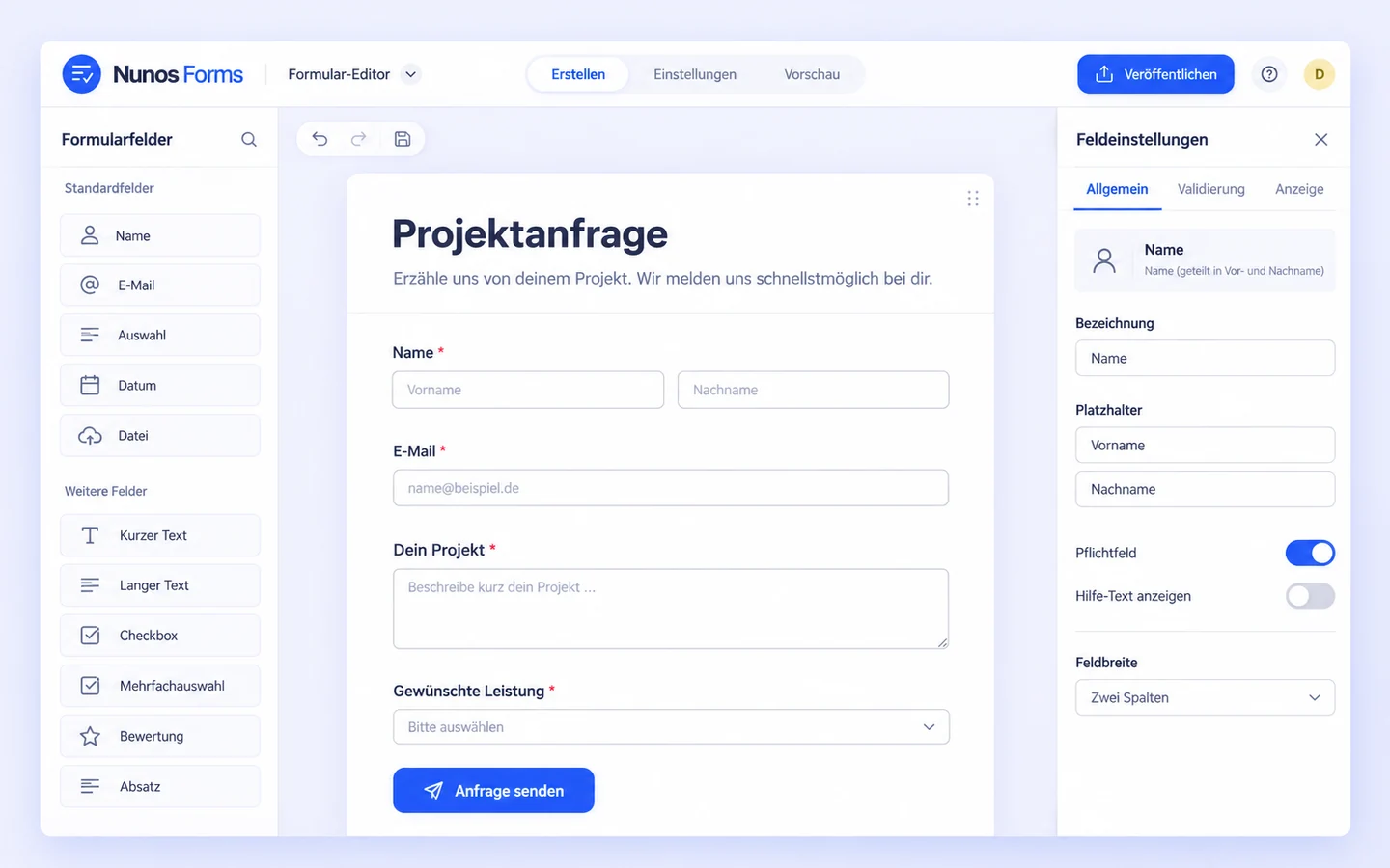 Inszenierte Nunos-Forms-Produktoberfläche mit Projektanfrage, Formularfeldern und Feldeinstellungen.