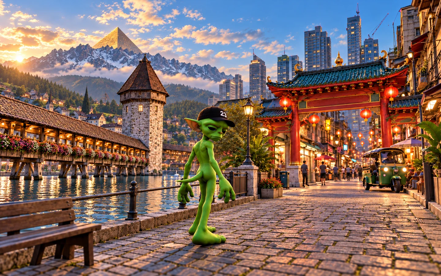 Nunoverce-Teaser mit grüner Spielfigur samt 23-Kappe und Schwanz, Kapellbrücke, beleuchtetem Bangkok-Tor und goldener Pyramide hinter den Bergen.